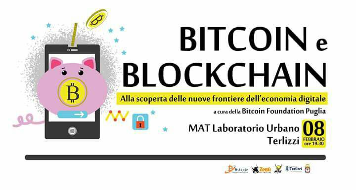 Locandina, Bitcoin e Blockchain, MAT Laboratorio Urbano Terlizzi 08-02-2018